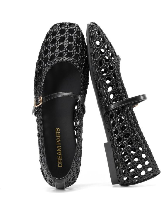Shoes - Women's Woven Mesh Ballet Flats Black Square Toe Mary Jane Dressy Shoes